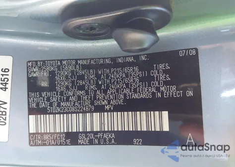 2008 Toyota Sienna Le from USA, damaged, VIN 5TDZK23C08S224879